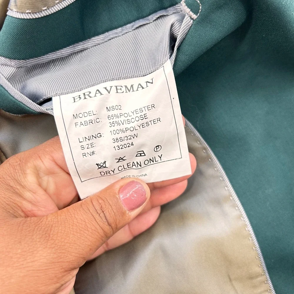 Braveman Mens Slim Fit 2 Piece Suit Teal Green Two Button Blazer Pants Set